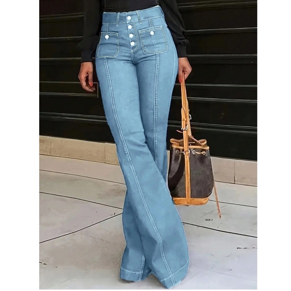 Dark Wash High waisted Button Fly Flared Leg Denim Jeans Pants - Picture 3 of 11